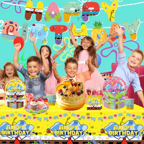 Cartoon Sponge Birthday Party Supplies Set - Tableware for 10 Kids
