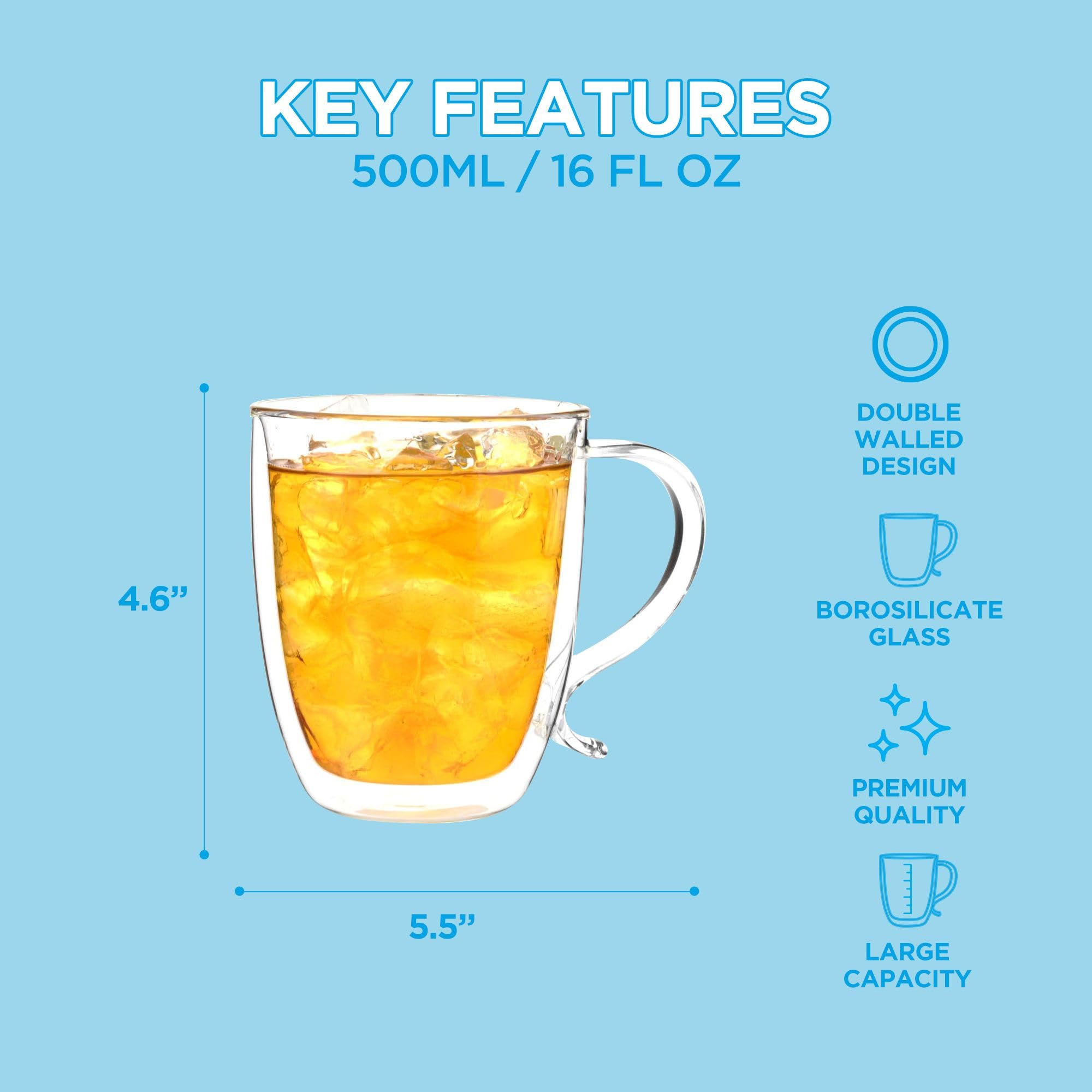 GROSCHE Cyprus 16 fl. oz Double-Wall Glass Mug | Espresso, Latte, Tea & More | Hot & Cold Beverages | Stylish & Aesthetic | Dishwasher Safe | Heatproof | Drinking Glassware