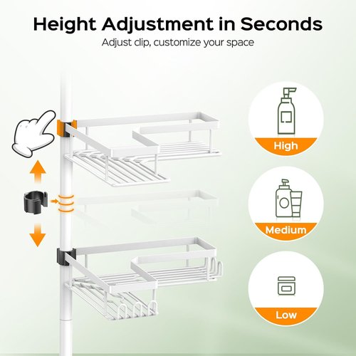 HAMITOR Corner Shower Caddy - 4-Tier Rustproof Bathroom Organizer with Soap Holder & Hooks | Adjustable Tension Pole Rack (47-123 Inch)