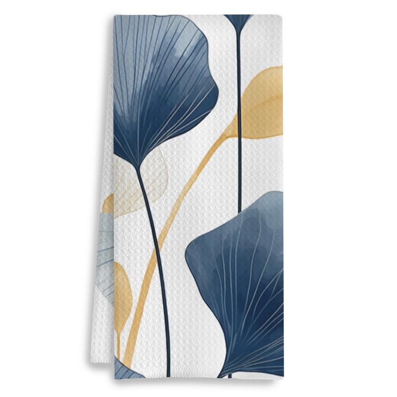 COWEB Boho Botanical Kitchen & Bath Towels - Navy & Golden Ginkgo Leaves, Mid Century Modern Decor, 16x24 Inch
