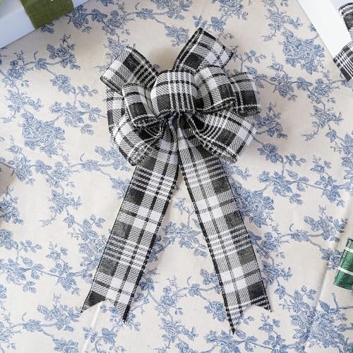 MEEDEE Black & White Wired Ribbon 2.5 Inch Christmas Plaid 25 Yards