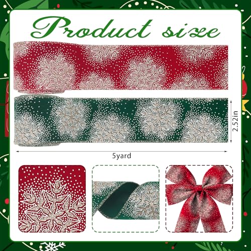 Christmas Ribbon 2 Rolls Glitter Snowflake Wired 2.5" x 10yd Red & Green Wrapping