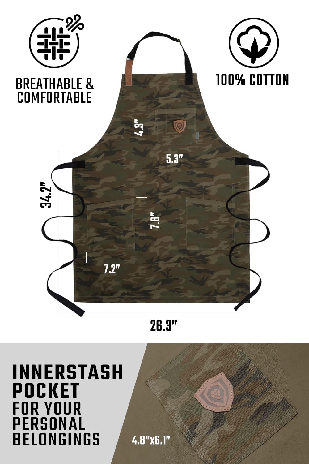 Dalstrong Professional Chef's Kitchen Apron - 4 Storage Pockets - 100% Poly-Cotton Camouflage - The Kitchen Rambo - Liquid Repellent Coating - Genuine Leather Accents - Adjustable Straps