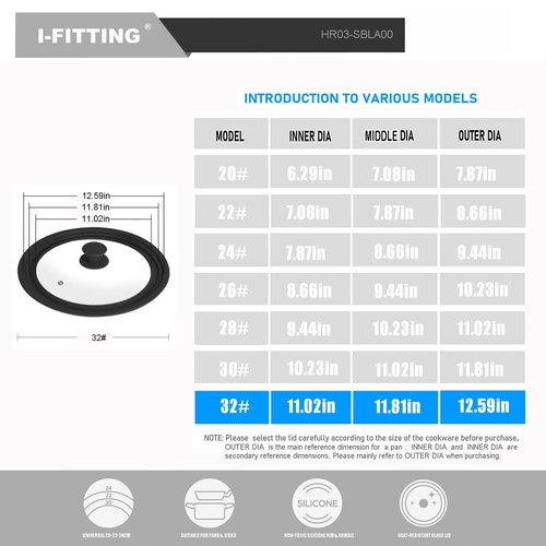Universal Lid for Pots,Pans And Skillets,HR Huare Technology Tempered Glass with Heat Resistant Silicone Rim,Dishwasher Safe,Fit Cookware 11”,12”, 12.5”, Black,1 Pack