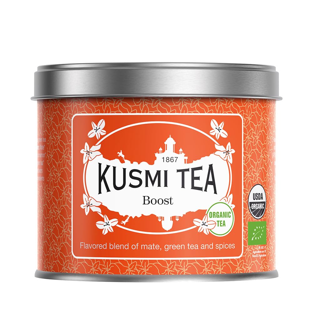 Kusmi Tea - Boost - Organic Blend of Green Tea, Mate & Spices - Flavored with Cinnamon, Cardamom & Ginger - Loose Leaf Tea - Tin Box of 3.5 oz - Quantity for about 50 cups