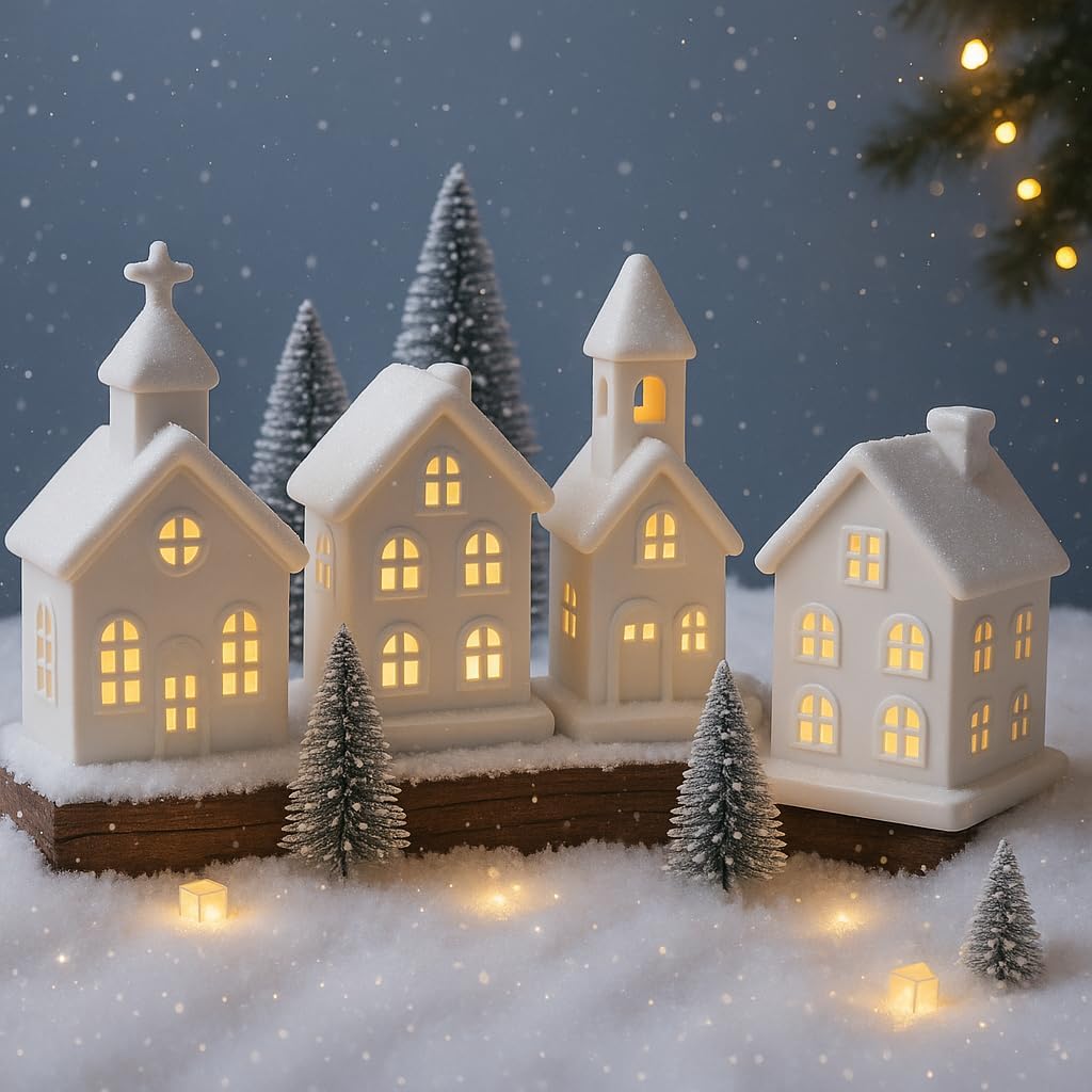 Skiennix Light Up Christmas Village Set - 4 Ceramic Houses & 5 Xmas Trees | Winter White Porcelain Decor