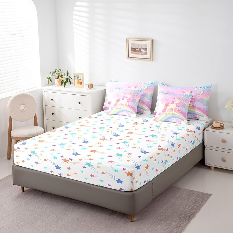 Feelyou Unicorn Girls Bed in a Bag Full Rainbow Kids Pink Unicorn Comforter Set with Sheets Kawaii Cute Stars 7 Piece Bedding Set Teens Children Adults Cartoon Unicorn Room Decor All Season