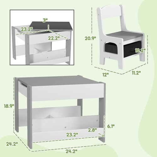 Qaba 3 Piece Kids Table and Chair Set, 4 in 1 Toddler Wooden Activity Table with Reversible Tabletop Blackboard, Storage & Bookshelves for Playroom, Nursery, Gray
