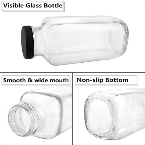 GUANENA 12 Pack Glass Drink Bottles, 16 OZ Vintage Square Water Bottles with Lids, Juice Bottles Beverages Containers for Milk, Kombucha, Smoothies