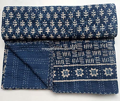 Handmade Indigo Print Cotton Kantha Quilt - Twin/King/Queen