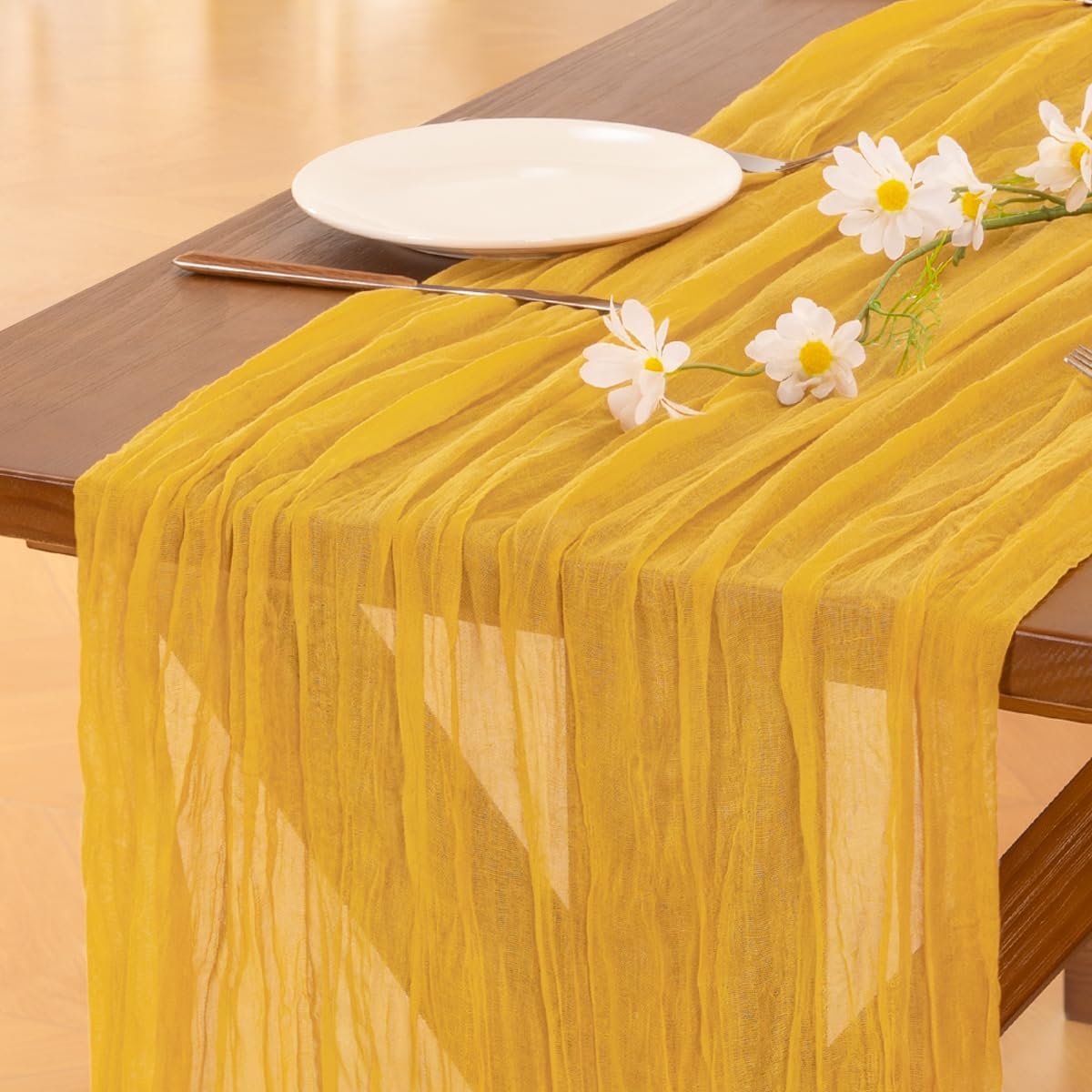 Socomi Cheesecloth Table Runner - 120 Inch Gold Yellow Boho Rustic Decor for Weddings & Parties