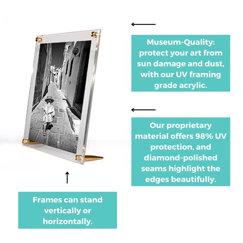 Wexel Art 8x10" Clear UV Grade Acrylic Tabletop Floating Picture Frame Display with Gold Hardware for Art and Photos