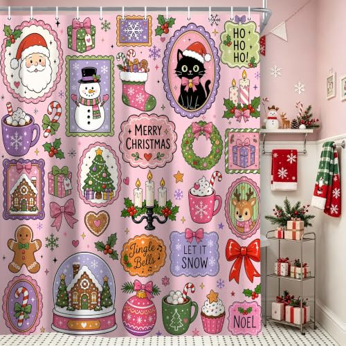 DeeCabin Pink Christmas Shower Curtain Santa Claus & Black Cat 70x70 Inches