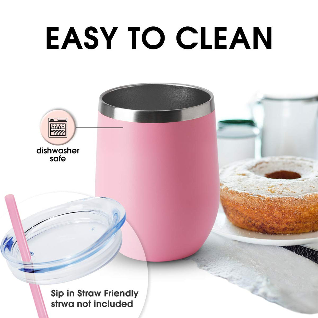 HASLE OUTFITTERS 12oz Wine Tumbler with Lid Stemless Wine Glasses Double Wall Vacuum Travel Mugs stainless steel Coffee Cup for Cold & Hot Drinks Wine Coffee Cocktails Beer 12 Pack Pink