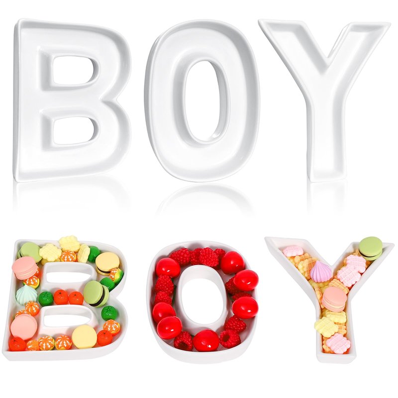 BOY Charcuterie Letters Fillable Ceramic BOY Letter Tray Empty Food Candy Nuts Dish White BOY Letter Set for Baby Shower Gender Reveal Decorations