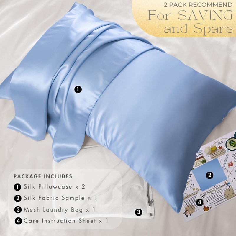 PROMEED 100% Mulberry Silk Pillowcase Set of 2, Both Sides Natural Silk Pillow Case 2 Pack Cooling Pillow Cases for Hot Sleepers, Hidden Zipper Closure (Queen 20"x30", Light Blue)