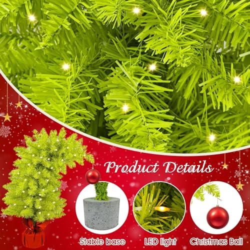 2 FT Lime Green Bendable Christmas Tree with Ornaments - Whimsical Holiday Decor