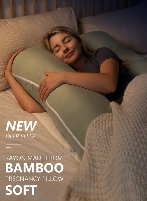 Meiz U-Shaped Pregnancy Pillow - Cooling Maternity Body Pillow in Sage Green | 55 Inch Rayon Bamboo Cover