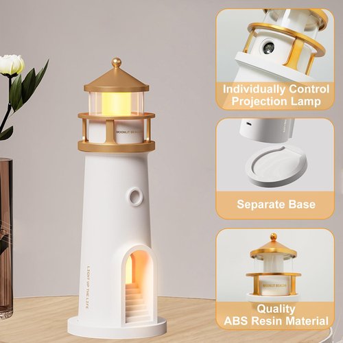 Lighthouse Table Lamps with Remote - Ultra HD Realistic Moon Projection, Flicker-Free Soft Warm White Light, 4 Brightness Adjustable &Timer, Rechargeable Nautical Bedside Lamp for Bedroom Living Room