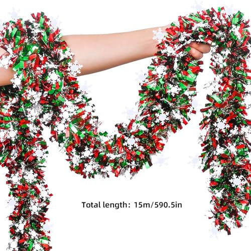 50ft Christmas Metallic Tinsel Garland with Snowflakes - Red and Green