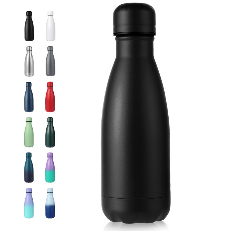 Volhoply 12oz Small Water Bottle Stainless Steel, BPA Free Insulated Water Bottles, Double Wall Cola Shape Flask, Keeps Cold 24 Hours and Hot 12 Hours for Kids Handbag (Black,1)