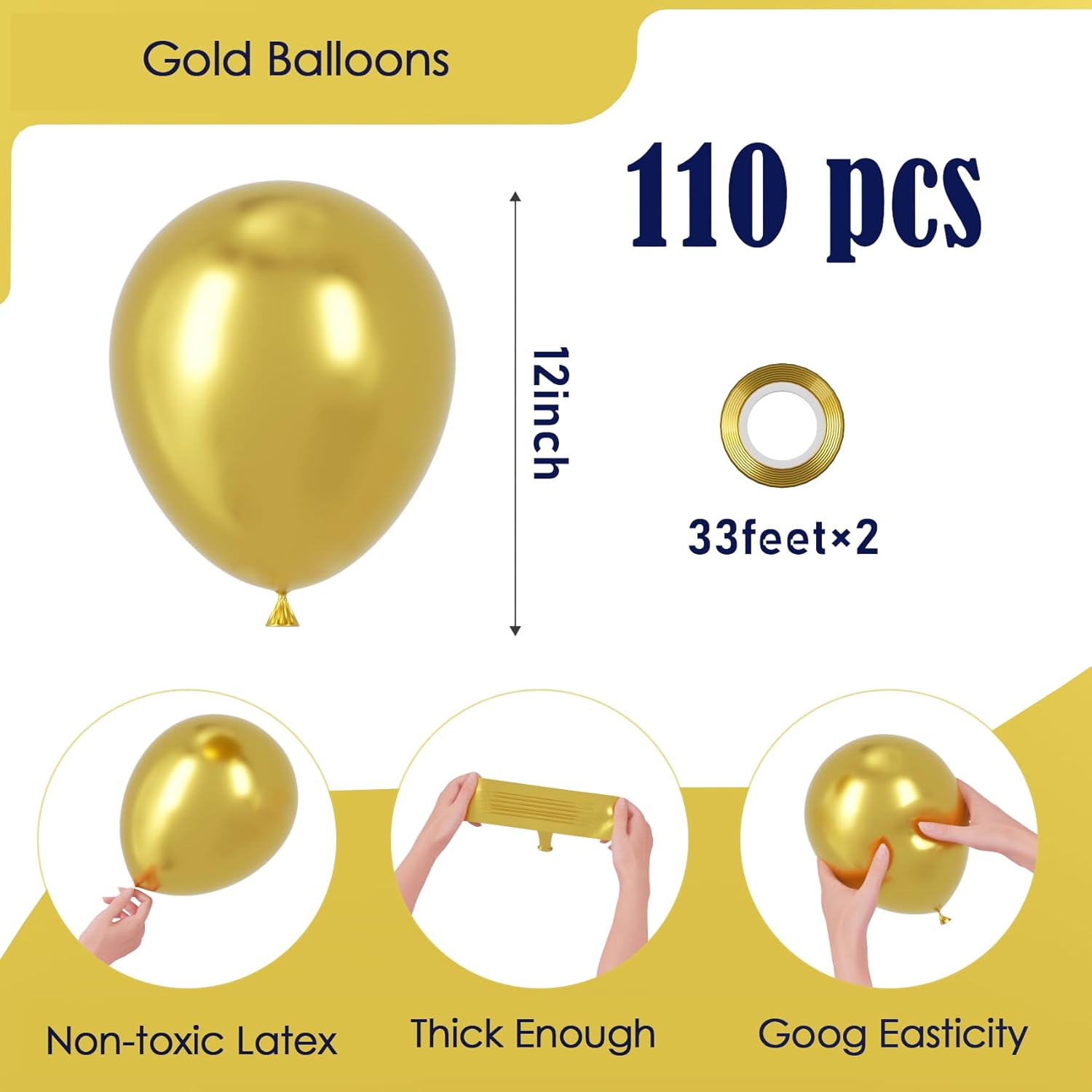 Voircoloria 110pcs Metallic Gold Balloons - 12 Inch Chrome Latex for Graduation, Wedding & Parties