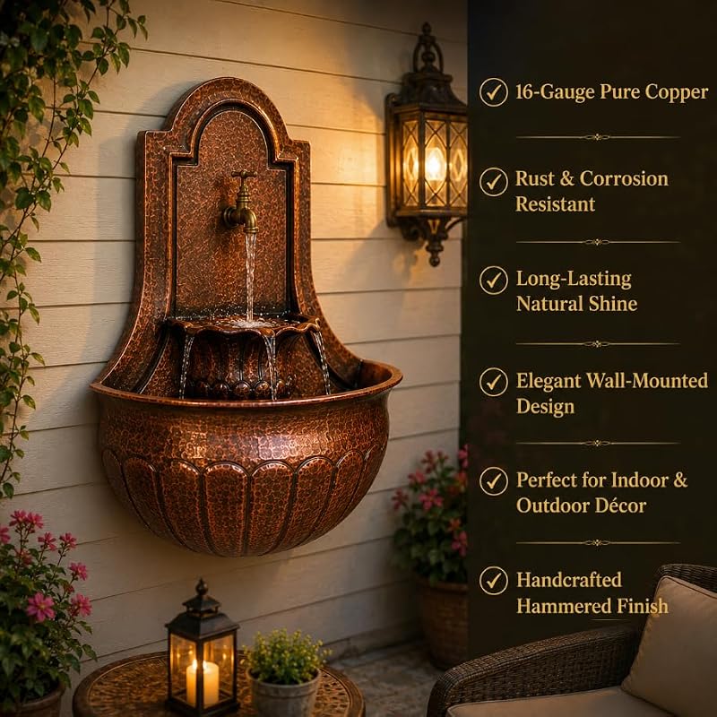Handcrafted 16-Gauge Pure Copper Wall Fountain - Antique Hammered Water Feature