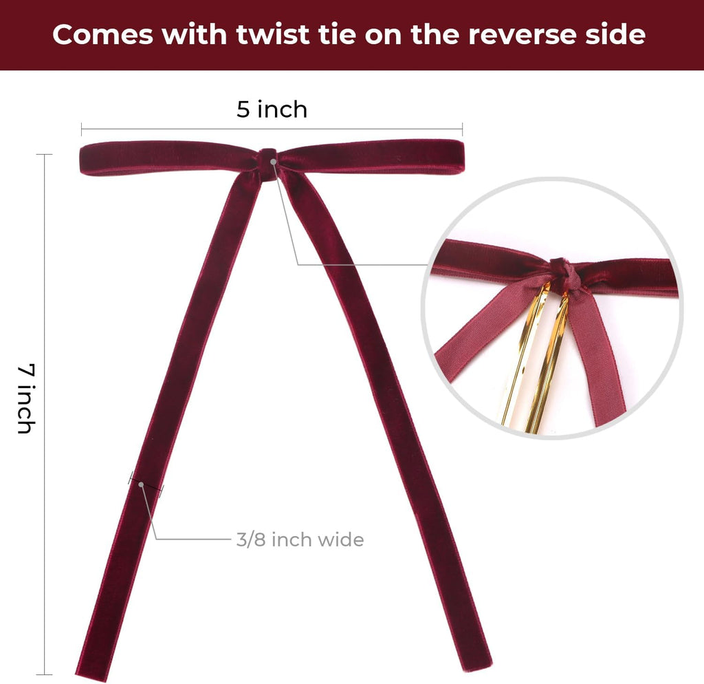 Ribbli Burgundy Velvet Bows - 24 Vintage Christmas Tree & Wreath Ribbon Bows | 5 x 7 Inch, 3/8 Inch Wide