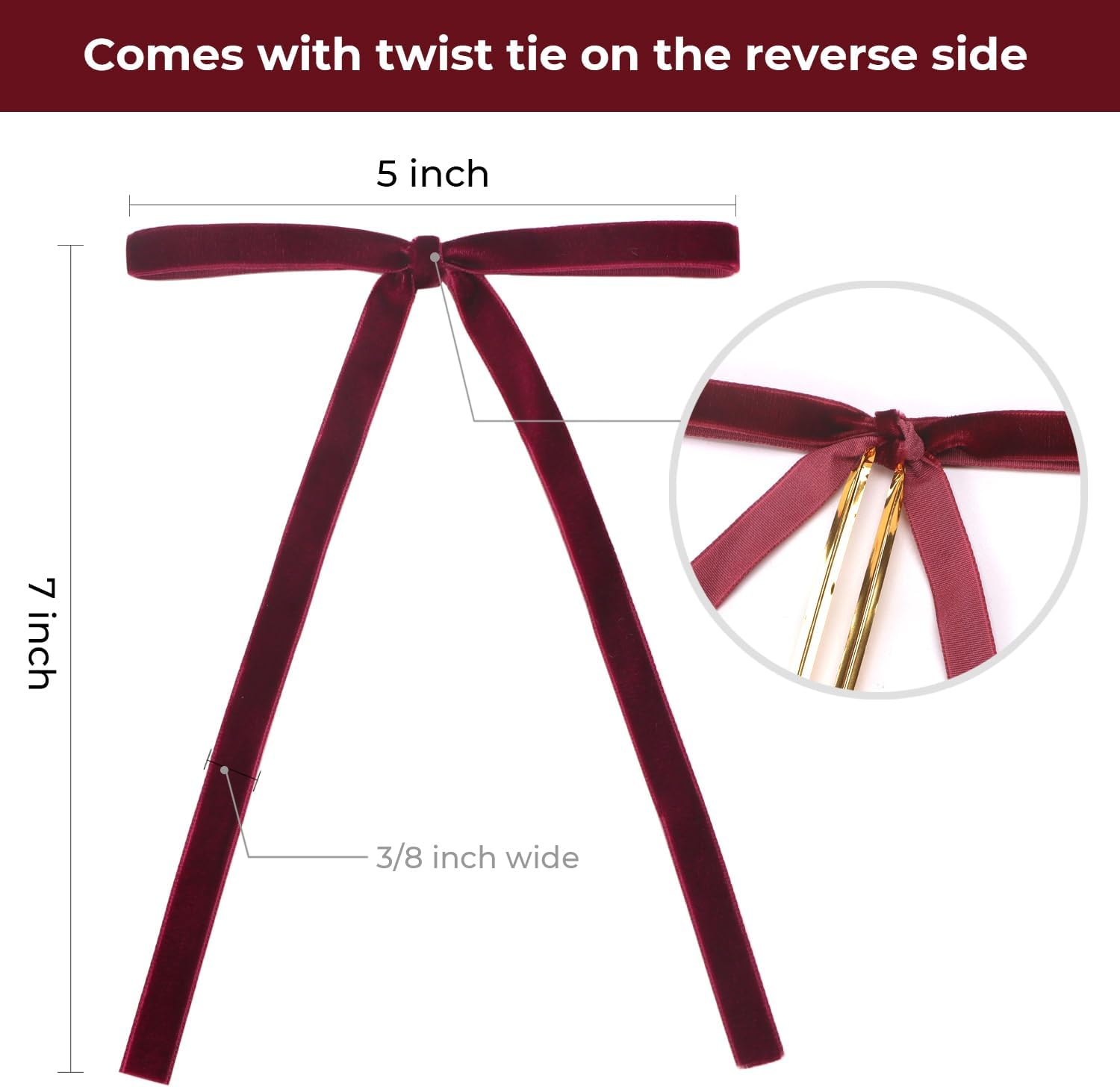 Ribbli Burgundy Velvet Bows - 24 Vintage Christmas Tree & Wreath Ribbon Bows | 5 x 7 Inch, 3/8 Inch Wide