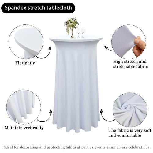 Yoquare 8-Pack 24"x43" White Round Cocktail Table Skirts | Stretch Spandex Fitted Tablecloths | Wrinkle-Resistant, Stain-Resistant, and Machine Washable for Bars, Weddings, Parties, and Banquets