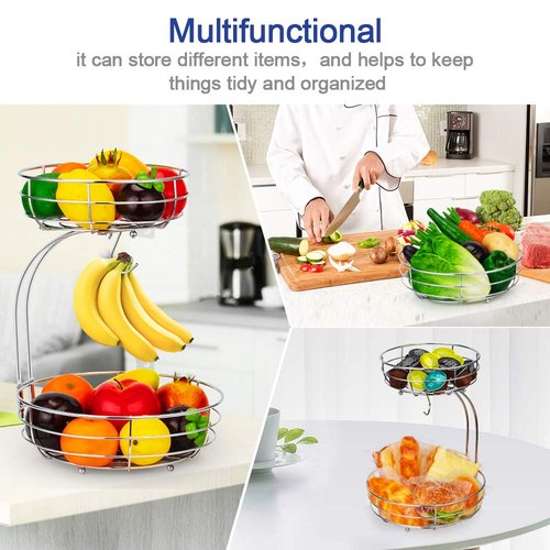 Auledio 2-Tier Countertop Fruit Vegetables Basket Bowl Storage With Banana Hanger,Chrome