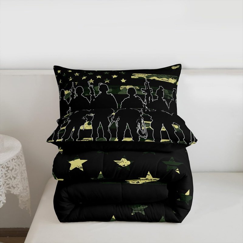 American Flag Comforter Set Twin for Boy Teen ArmyGreen Camouflage Down Comforter Adult Men Soldier Silhouettes Quilted Duvet Military Style Camo Bedding Comforters, 1 Comforter Set + 1 Pillowcase
