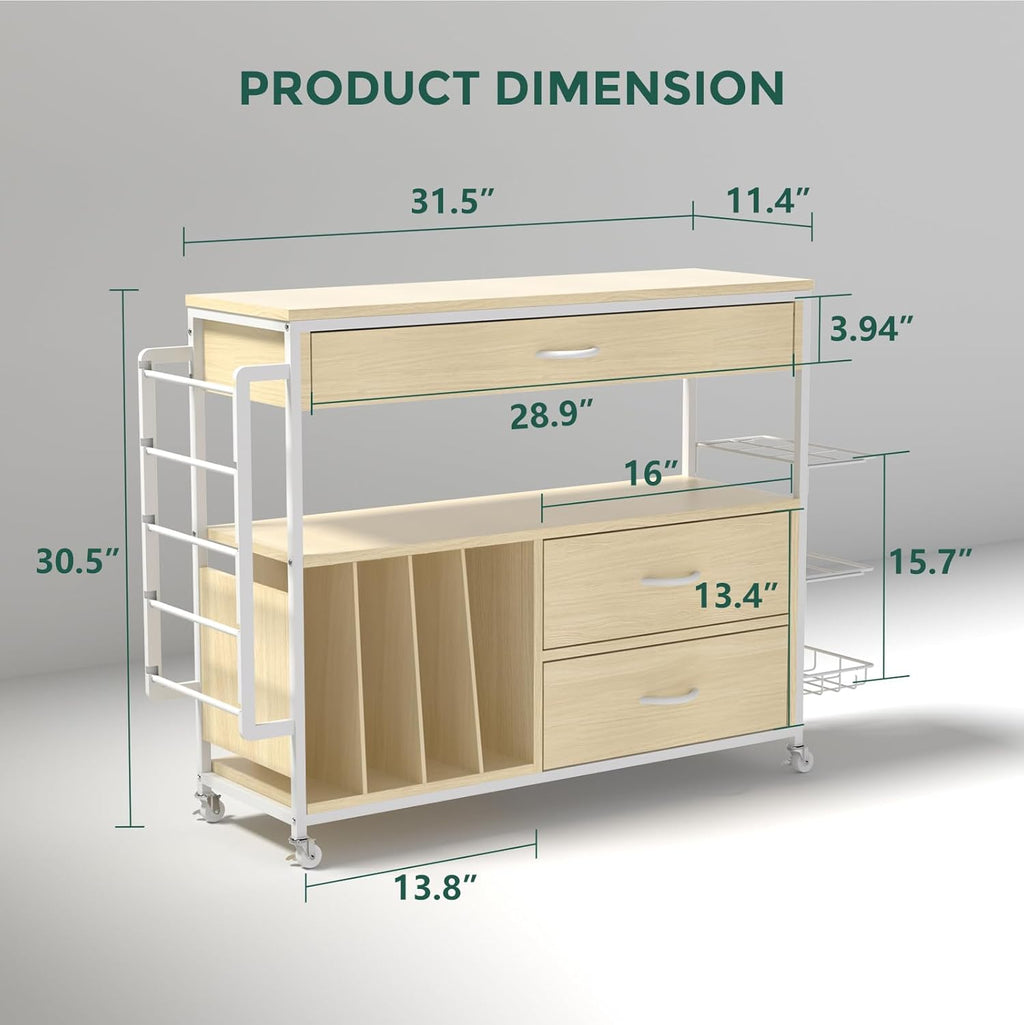 Skiennix Wrapping Paper Organizer - Craft Cart with Ribbon & Gift Bag Storage | Oak Finish, 3 Drawers