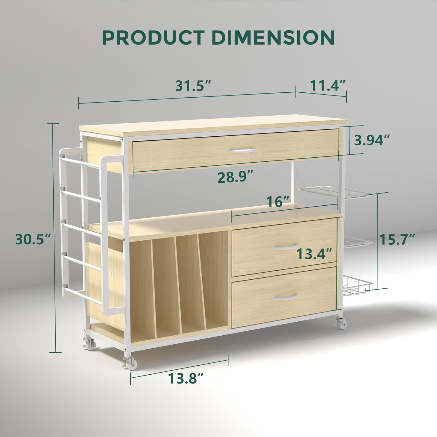 Skiennix Wrapping Paper Organizer - Craft Cart with Ribbon & Gift Bag Storage | Oak Finish, 3 Drawers