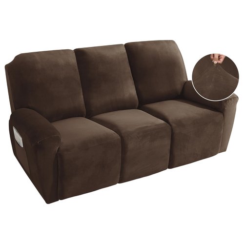 MAXIJIN 8 Pieces Recliner Sofa Covers, Stretch Velvet Reclining Couch Covers for 3 Cushion Furniture Covers, Thick, Soft, Washable Reclining Sofa Slipcovers (Sofa Recliner, Dark Coffee)