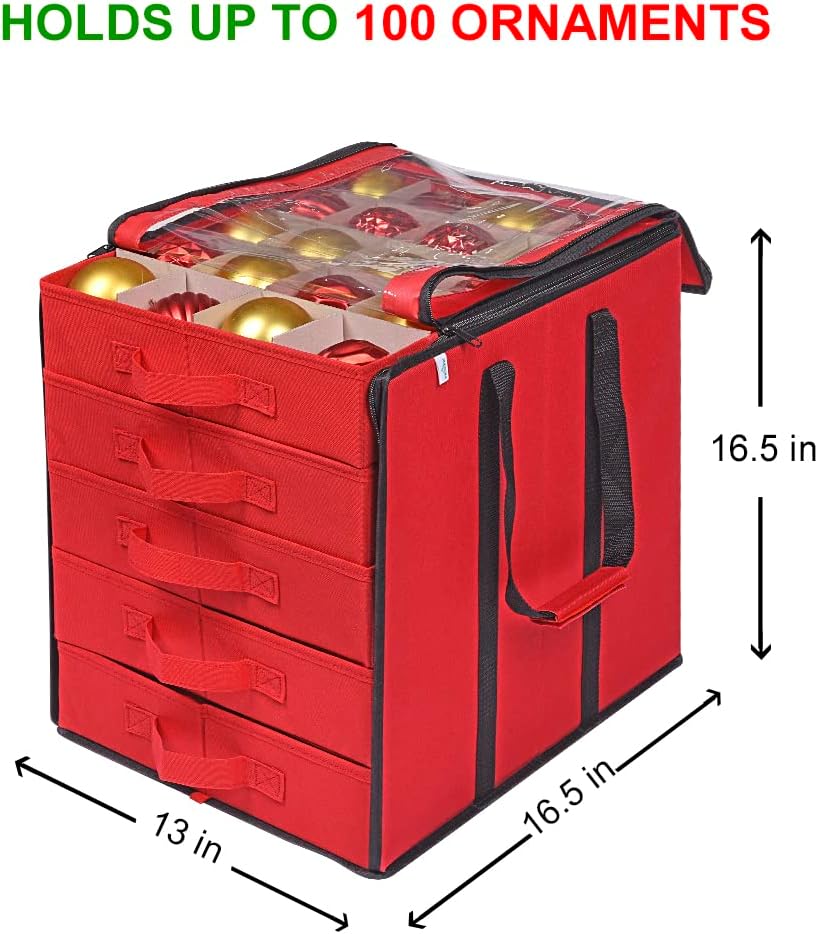 ProPik Christmas Ornament Storage Boxes - Durable Organizer with 5 Dividers for 100 Ornaments | Red Carrying Bag