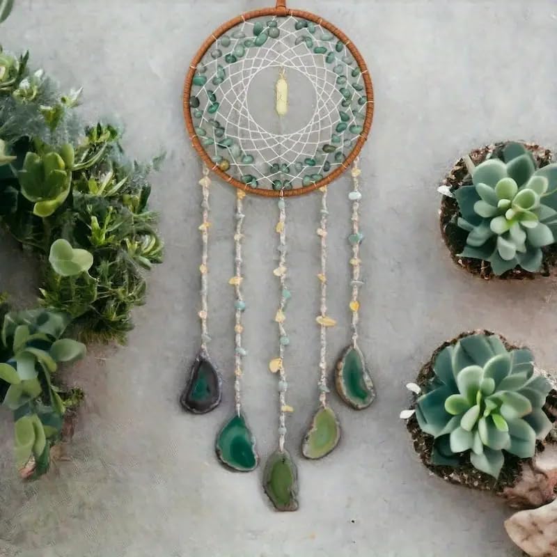 Boho Crystal Dream Catcher Wall Hanging with Natural Gemstones