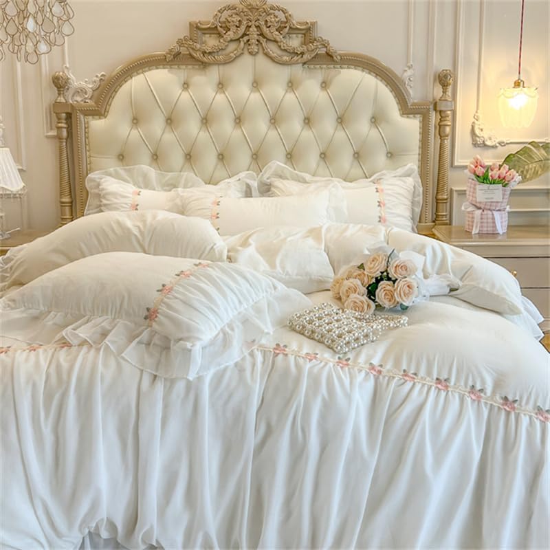 Queen Ruffle Lace Duvet Cover Set - 3-Piece White Coquette Bedding