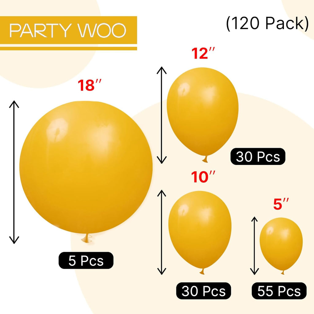 PartyWoo Mustard Yellow Balloons - 120-Piece Boho Neutral Fall Balloon Arch Kit | Various Sizes for Birthday & Baby Shower Decor