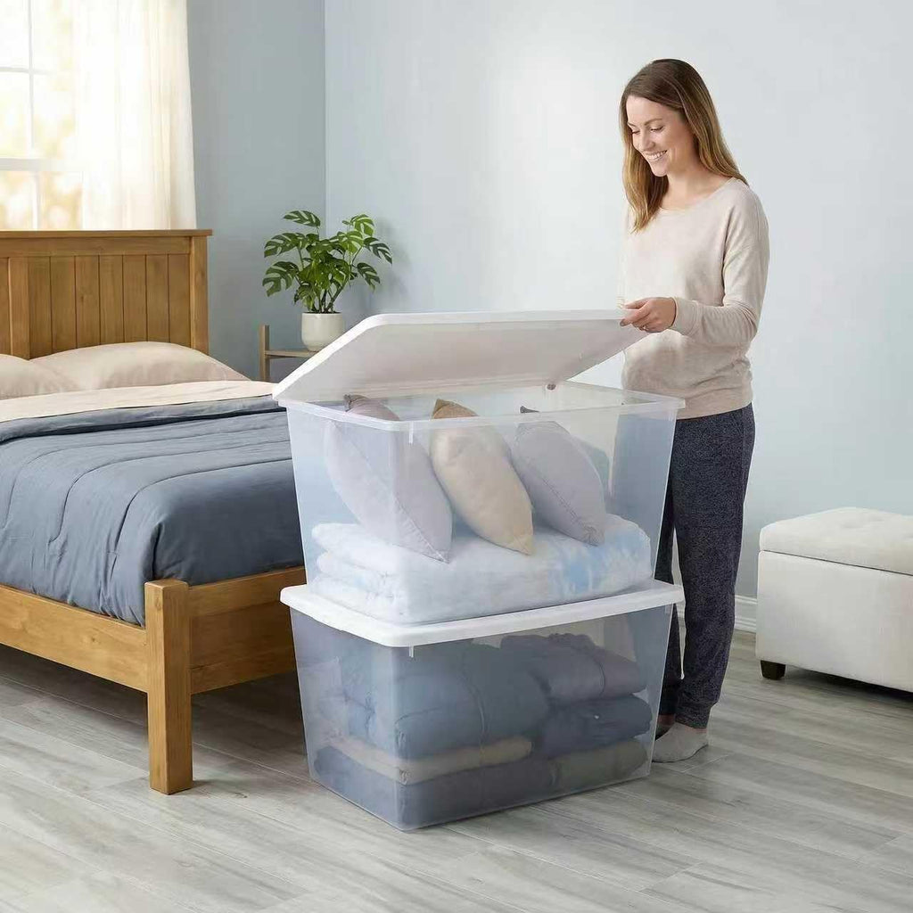 Skiennix 90QT Transparent Storage Boxes - Durable Plastic Containers with Snap-On Lids | 2-Pack, 29" L x 18" W x 13" H