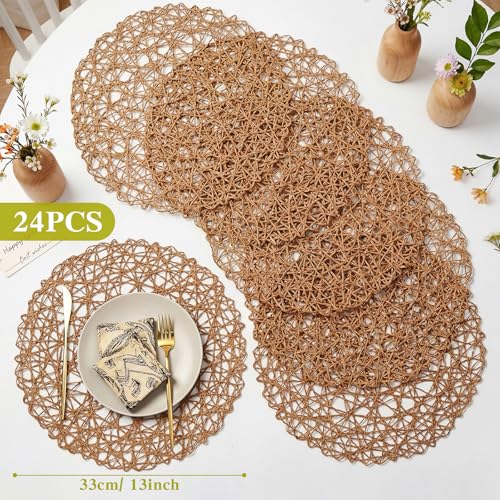 Threehoney Paper Braided Round Placemats Set of 24 - Brown, 13 in (33 cm)