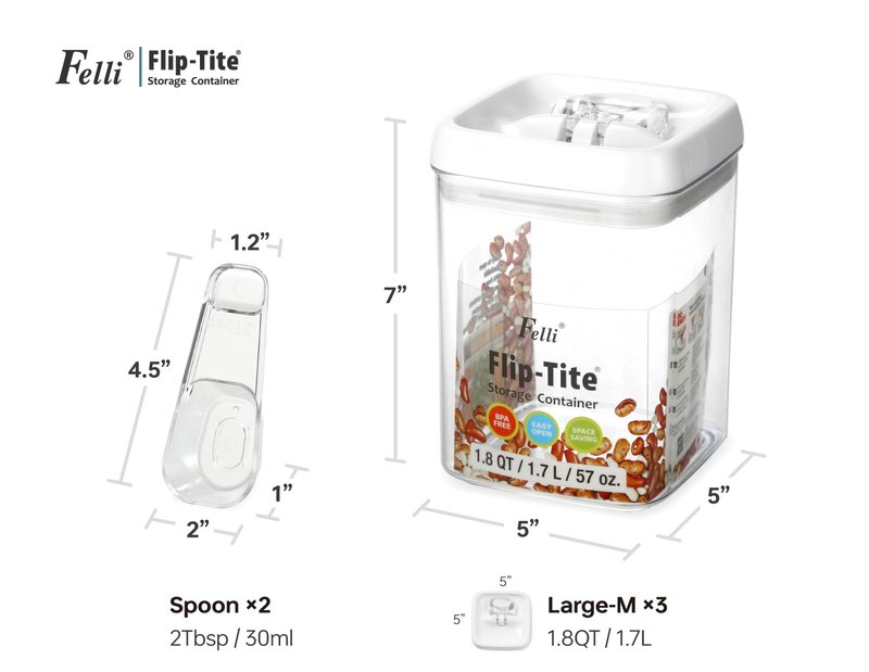 Felli Flip Tite Storage Container with Built-In Spoon & Airtight Lid 5” Large-M Ring Flip Top, Stackable Acrylic Canister for Sugar Flour Powder, Kitchen Pantry Organizer (1.8qt), 2 spoons