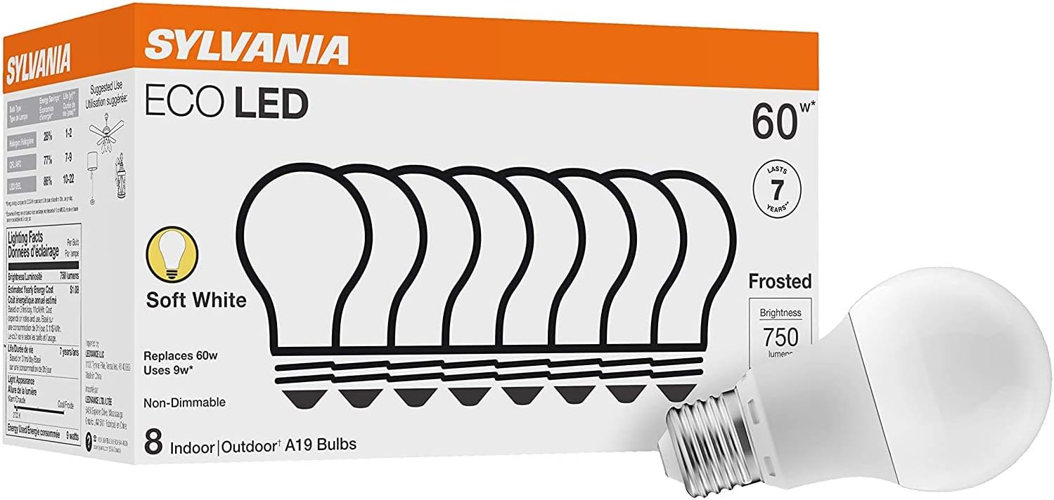 Sylvania ECO LED Light Bulb - Energy-Efficient 9W A19, 750 Lumens, Soft White, 8 Pack | 2700K