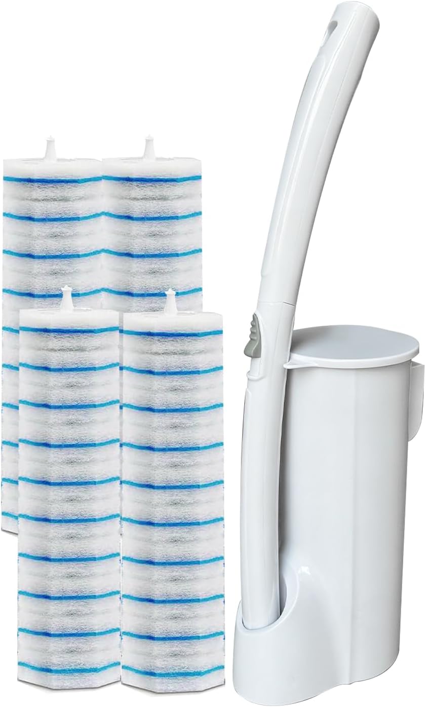 Skiennix Toilet Brush Refills - 40 Disposable Scrubber Pads with Wall Mounted Holder Set
