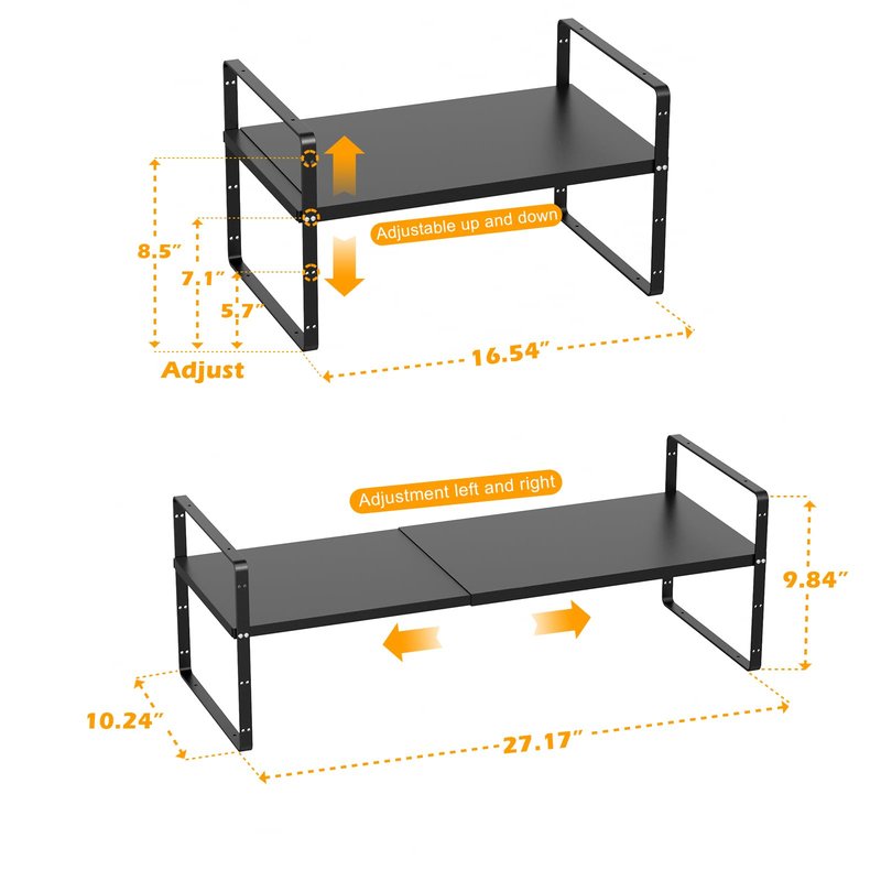 Slideep Expandable Counter Organizer Shelf, Stackable Cabinet Shelves Organizer Storage Rack Cupboard Stand Spice Rack for Kitchen Bathroom Pantry Black -2 Set
