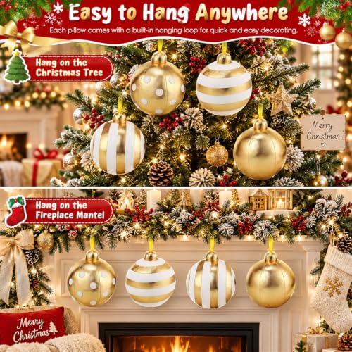 Beeveer 4 Pcs Gold Christmas Ball Ornament Pillows – 6" Set (Gold)
