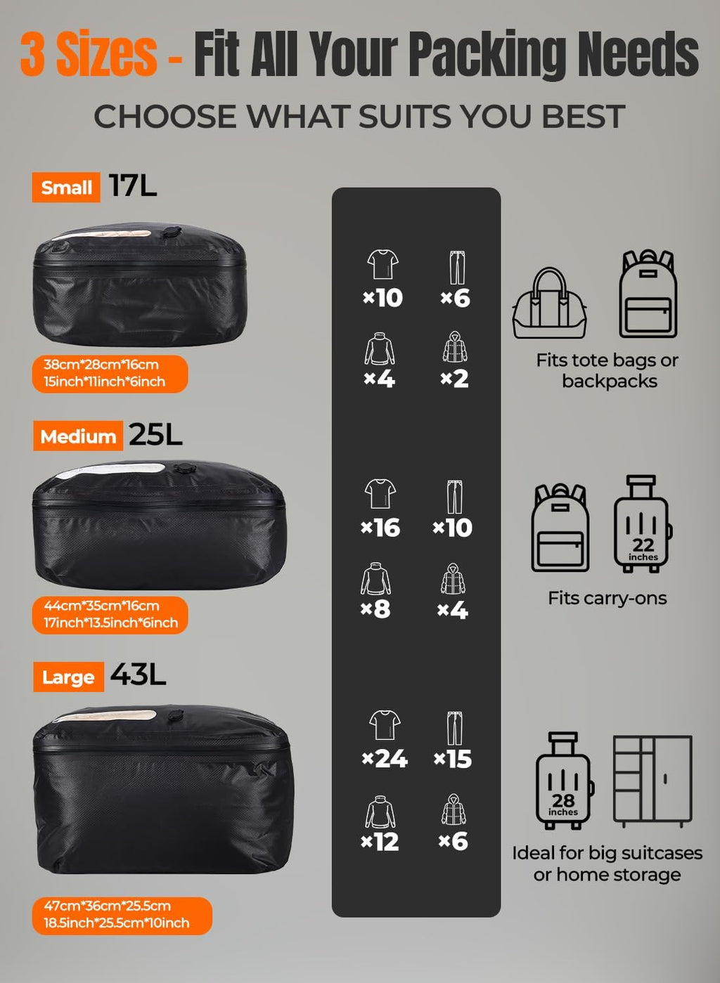 Skiennix Vacuum Bags for Travel - Wireless Pump Included, IP67 Waterproof, 3 Pack for Space Saving Storage