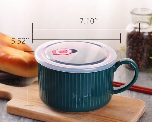 WHJY 30oz Ceramic Bowl with Lid and Handle for Soup and Instant Noodles Soup Mug, Modern Simple Style, with Heat Preservation Handle - Dark green