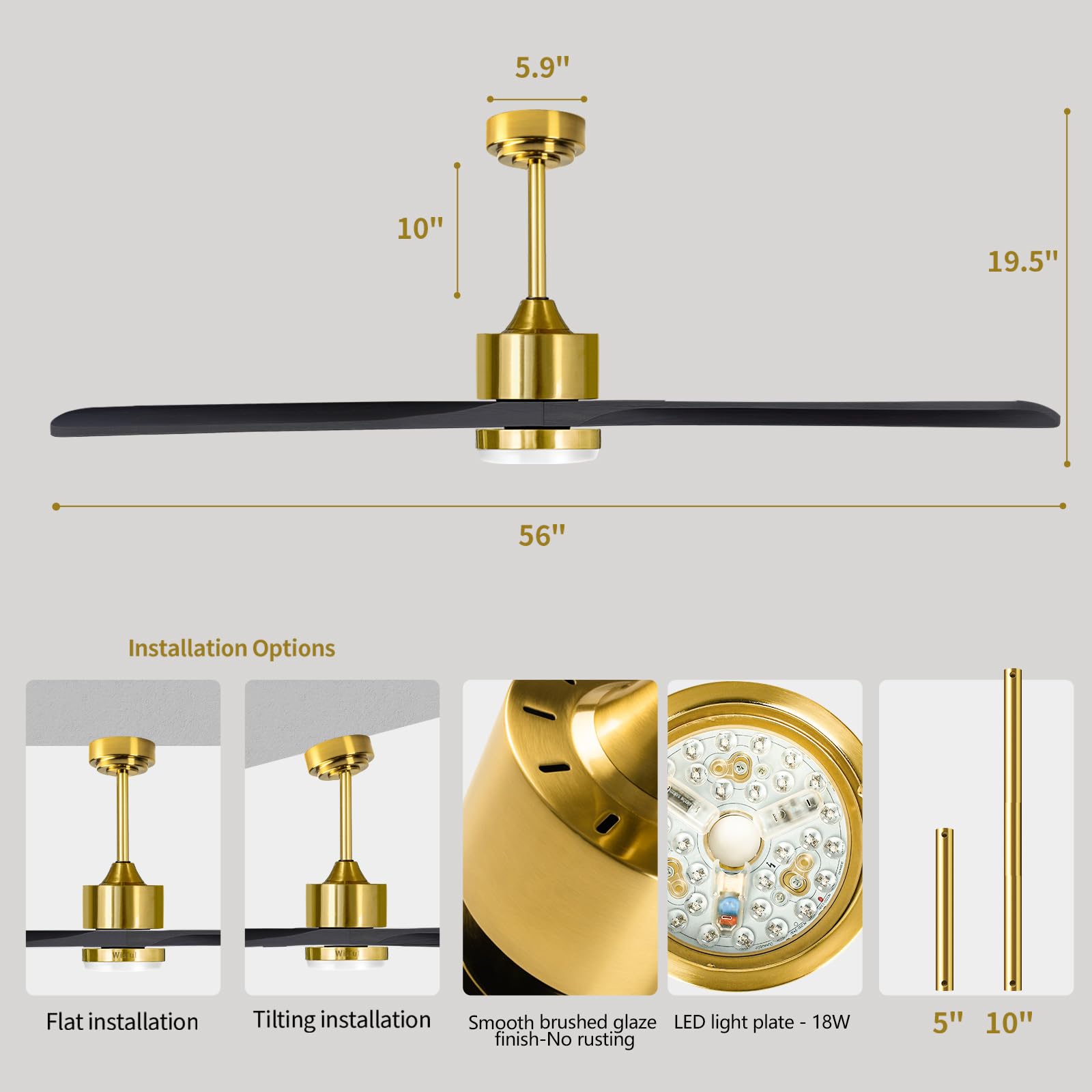 56" Ceiling Fan with Lights, Black Flush Mount Ceiling Fans with Remote Control, 6 Speeds DC Reversible, Dimmable, Noiseless, Use for Bedroom Terraces Indoor/Outdoor