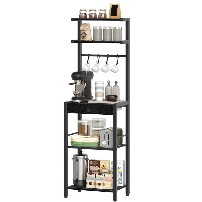 YATINEY Bakers Rack, 5-Tier Coffee Bar Station, Coffee Stand with Pod Drawer Holder, Versatile Kitchen Storage Rack with 4 Hooks, for Living Room, Cafe Corner, Black KF01BB
